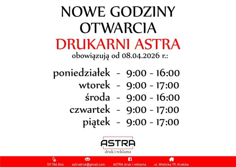 Godziny otwarcia drukarnia astra druk kraków wizytówki ulotki banery