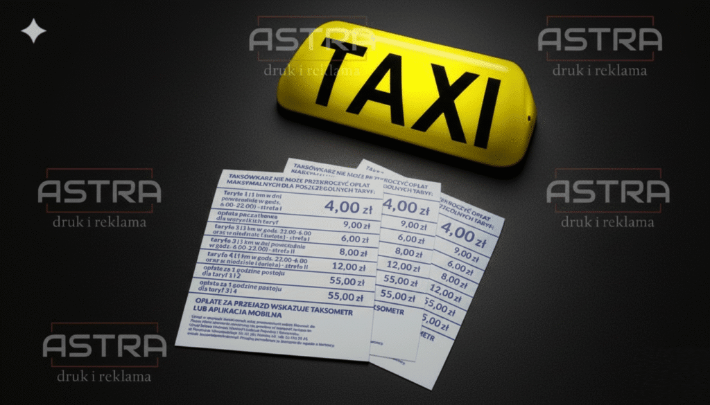 Oznaczenia Taxi Lampa Kogut Na Dach, Cennik Taxi Astra Druk
